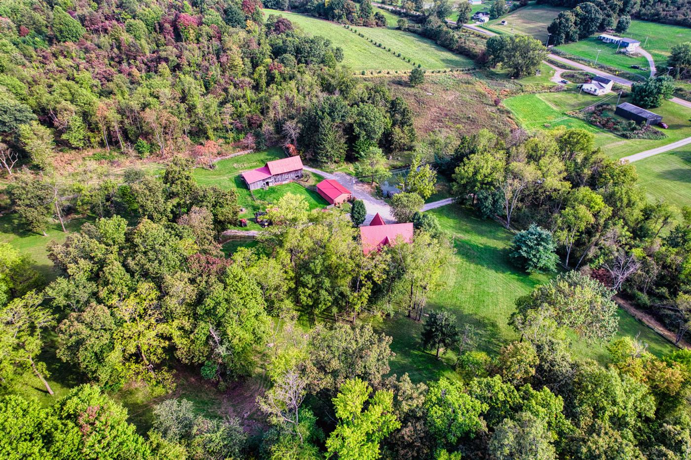 Aerial view of barns and outbuildings