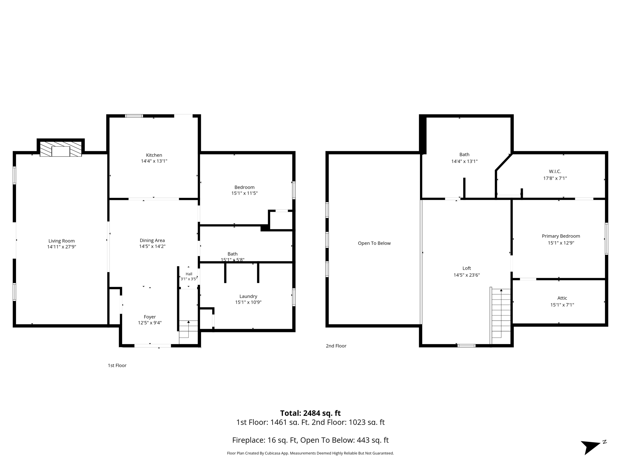 Floor plan: first floor with living room, kitchen, dining, bedroom, bath and laundry; second floor with loft, primary bedroom, bath and walk-in closet