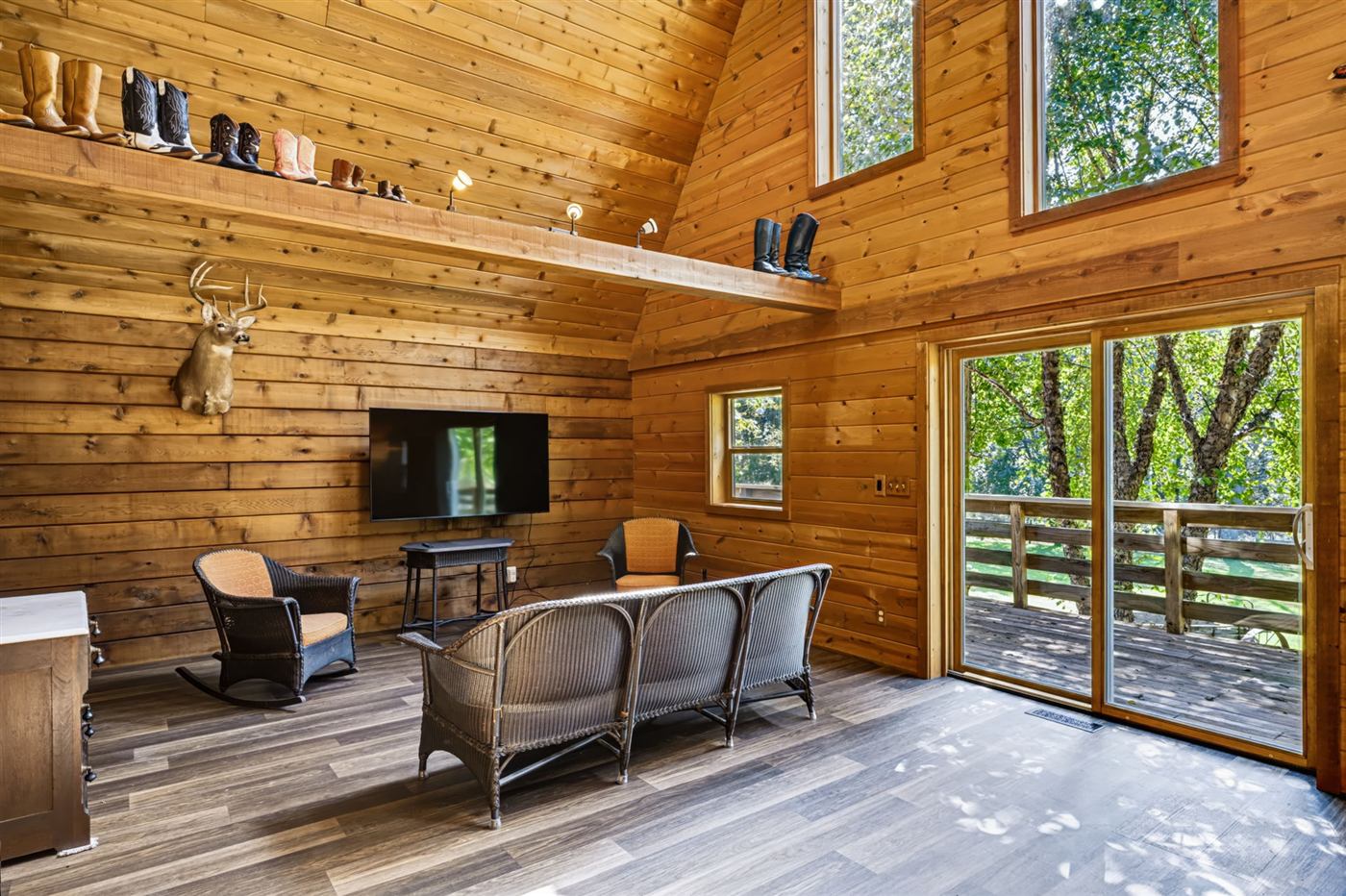 Great room with vaulted wood ceiling