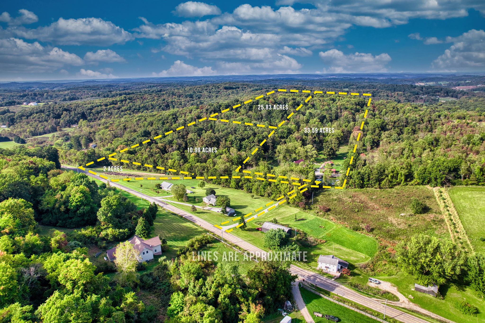 Aerial map with approximate parcel lines: 2, 10.99, 25.83 and 33.59 acres